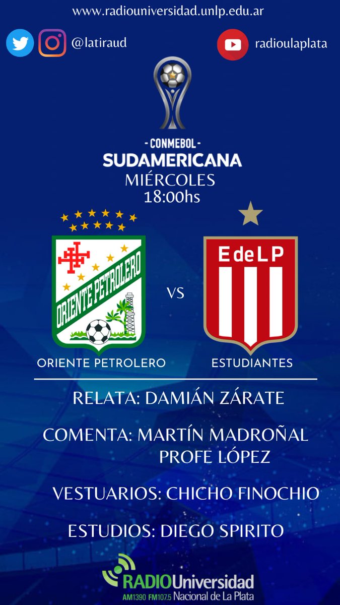 Mañana #CopaSudamerica por @radioulaplata, junto a @LaTiraUD 

#OrientePetroleto - #EDLP