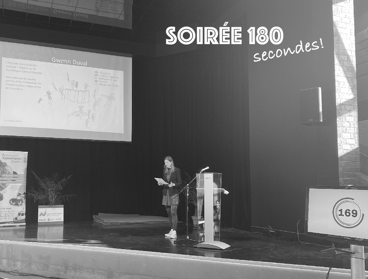 Soirée 180 secondes @UQAR
Apr 2023. Gwenn participated in the “My project in 180 seconds” competition organized by the Regroupement étudiant de vulgarisation scientifique (RÉVUS) and UQAR. An epic tale of iron and sulfur. Bravo Gwenn! ibg.uqar.ca/news/