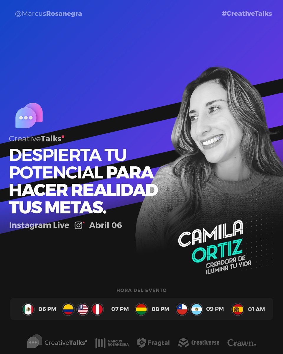 Este jueves en nuestra #CreativeTalks sobre cómo despertar tu potencial para cumplir tus #metas, contaremos con nuestra invitada especial Camila Ortiz Blanco 

Nos vemos en instagram.com/marcusrosanegr…