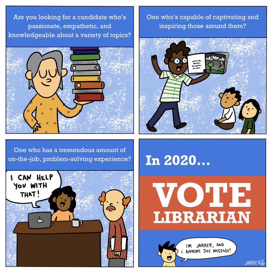 Happy School Librarians Day! Here’s a comic I made back in 2020 when I was consuming too much news and dreaming of an ideal candidate.