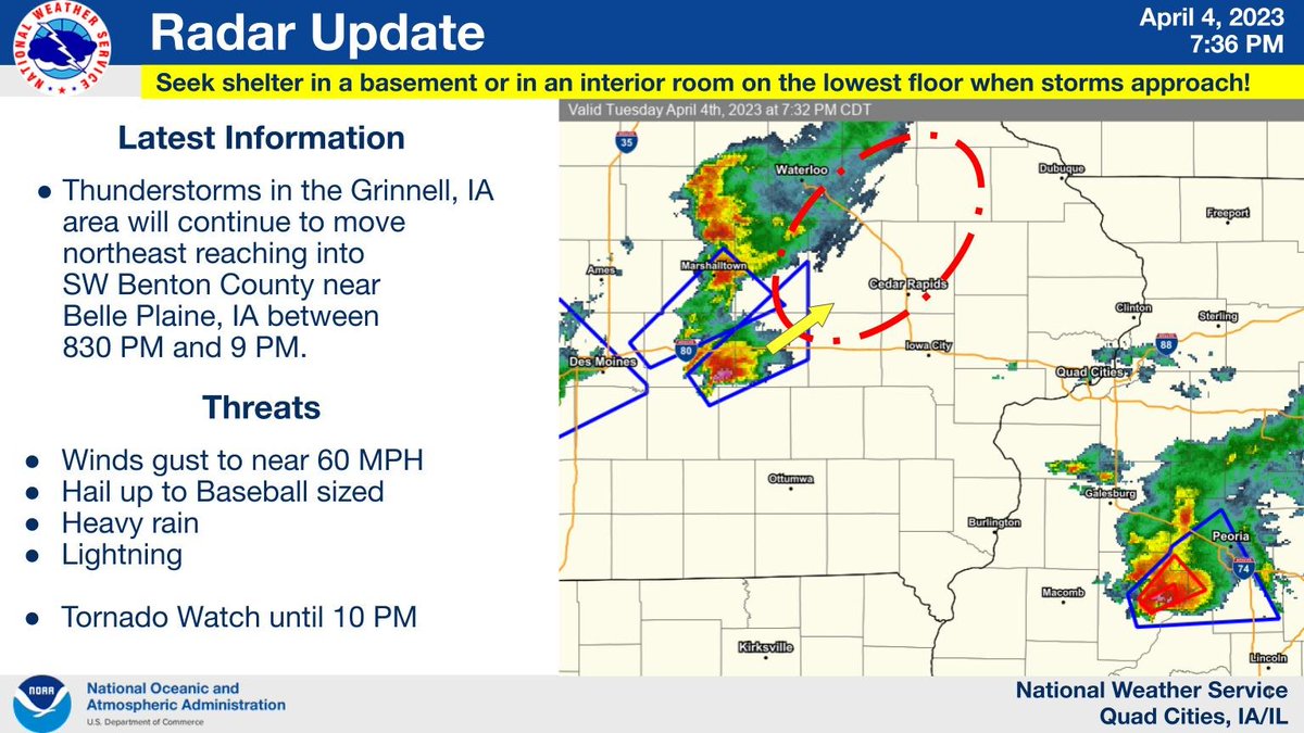 NWSQuadCities's tweet photo. PLEASE SHARE! Thunderstorms will move into SW Benton County near Belle Plaine, IA between 830 PM and 9 PM.  Radar is currently showing these storms to be severe with baseball sized hail and wind gusts to 60 MPH.  Heavy rain is also expected.  #IAWX #ILWX https://t.co/E2xQCzLeDw
