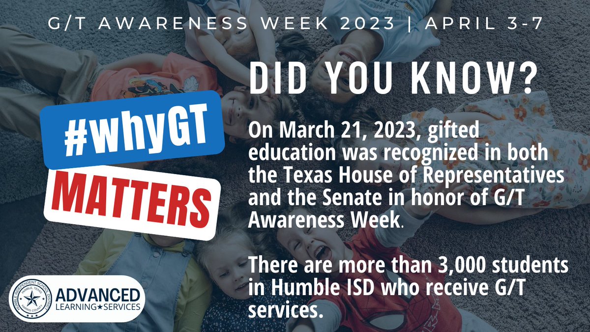 HumbleISD_ADV's tweet photo. Did you know? On March 21, 2023, gifted education was recognized in both the Texas House of Representatives and the Senate in honor of G/T Awareness Week. @TXGifted @HumbleISD_PSS #whyGT #TAGT #GTAwarenessWeek23 https://t.co/mDVIJsMrDK