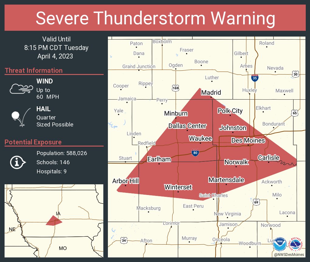 Severe Thunderstorm Warning continues for Des Moines IA, West Des ...