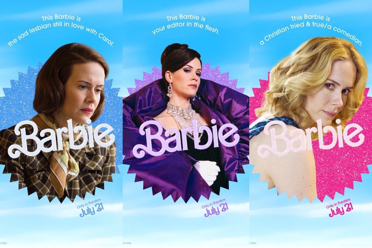 sarahpaulsbean's tweet photo. barbie posters but they’re all sarah paulson characters https://t.co/c7KIhrTHLA