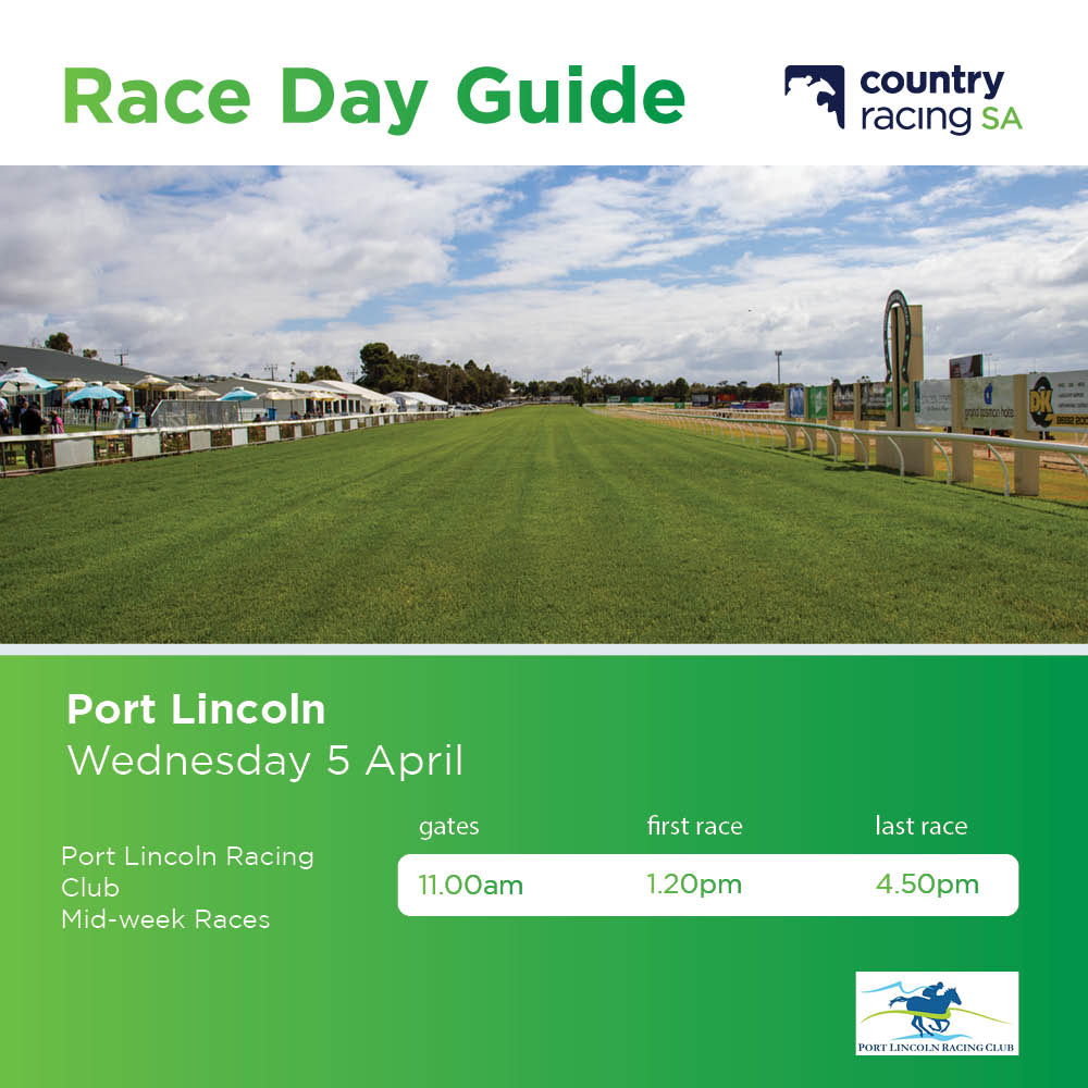 The mid-week country racing action comes from Port Lincoln today! 🏇

Check out today's Race Day Guide ⤵️

#CountryRacingSA #PortLincoln #EyrePeninsula #Sport #WhatsOn #SouthAustralia