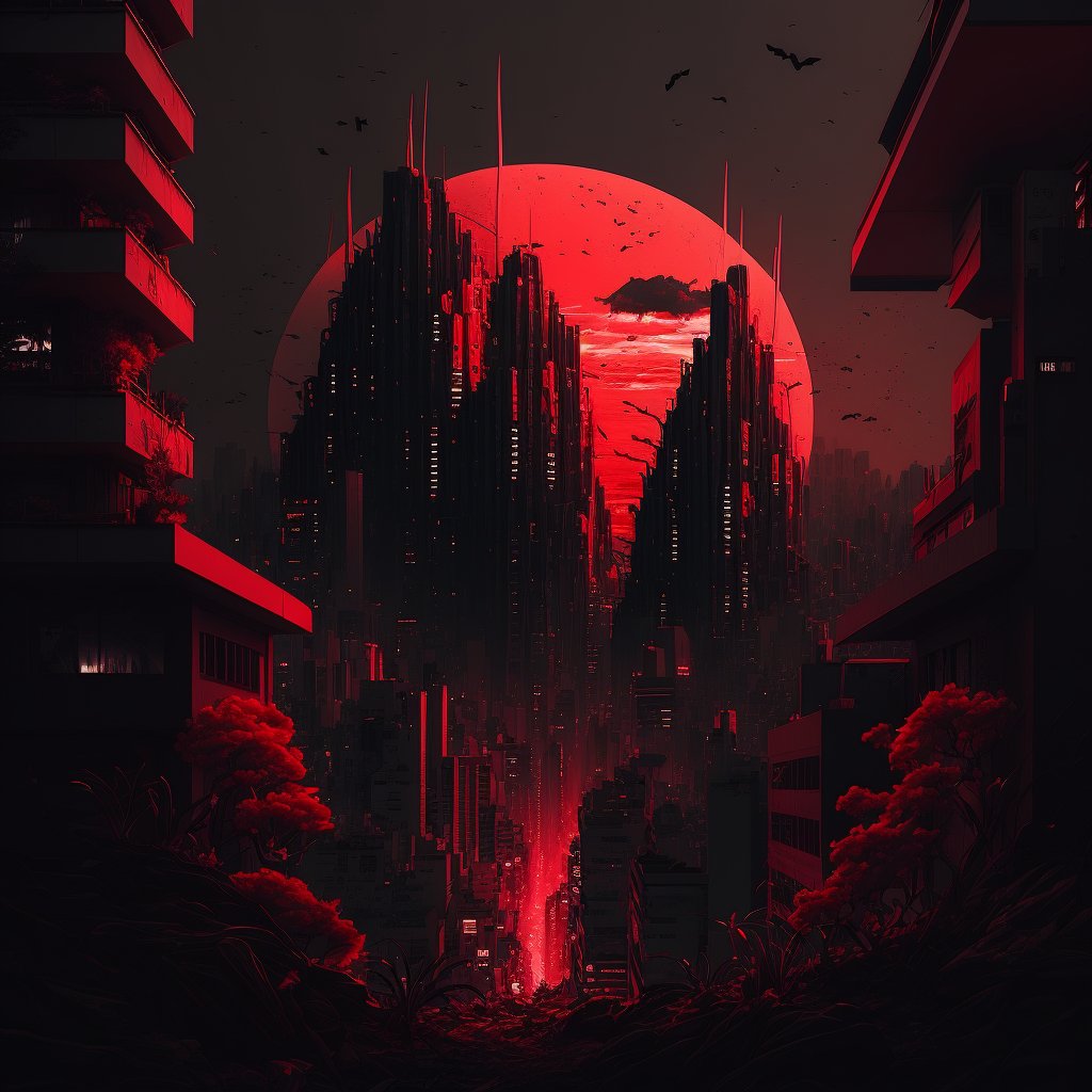 hzcreator's tweet image. Prompt: A big city, cyberpunk aesthetics, red. 🔴

#midjourney #AIart