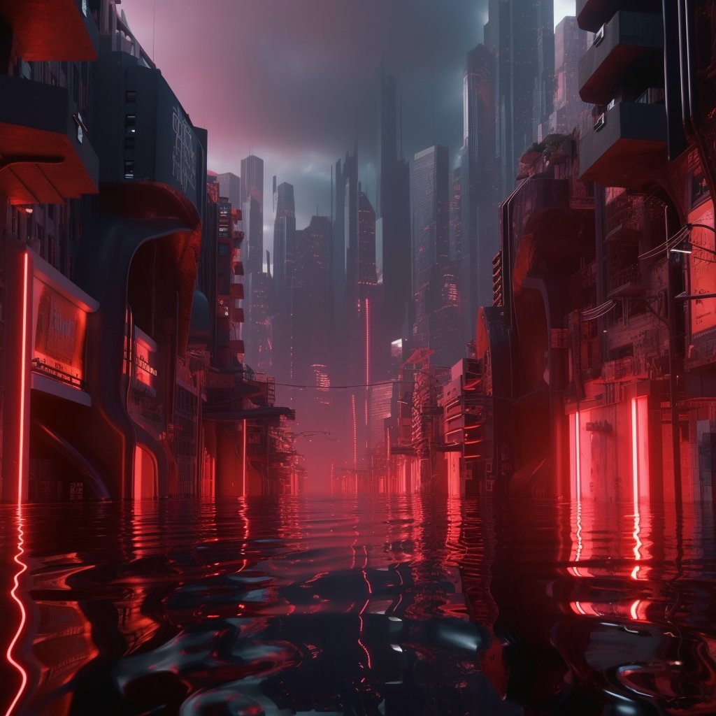 hzcreator's tweet image. Prompt: A big city, cyberpunk aesthetics, red. 🔴

#midjourney #AIart