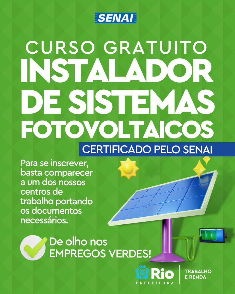evertongomesrj's tweet photo. Com o aumento da demanda por energia sustentável, surgem novas oportunidades de emprego. E é de olho nessa demanda que a @Prefeitura_Rio, através da Secretaria de Trabalho e Renda, está oferecendo o curso de INSTALADOR DE SISTEMAS FOTOVOLTAICOS de forma 100% gratuita + https://t.co/XyDuziOEG2