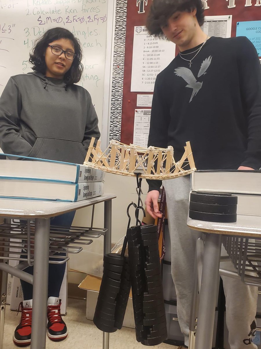 hartsellehigh's tweet photo. Mrs. Pittman's Principles of Engineering classes tested their bridge designs today! The winning designers were Jaxon Mason, Braxton Westbrook and Michael Hale. Their bridge supported over 50 lbs before failing!
#EngineeringTomorrow #hartselleengineering https://t.co/DDLVAwBeao