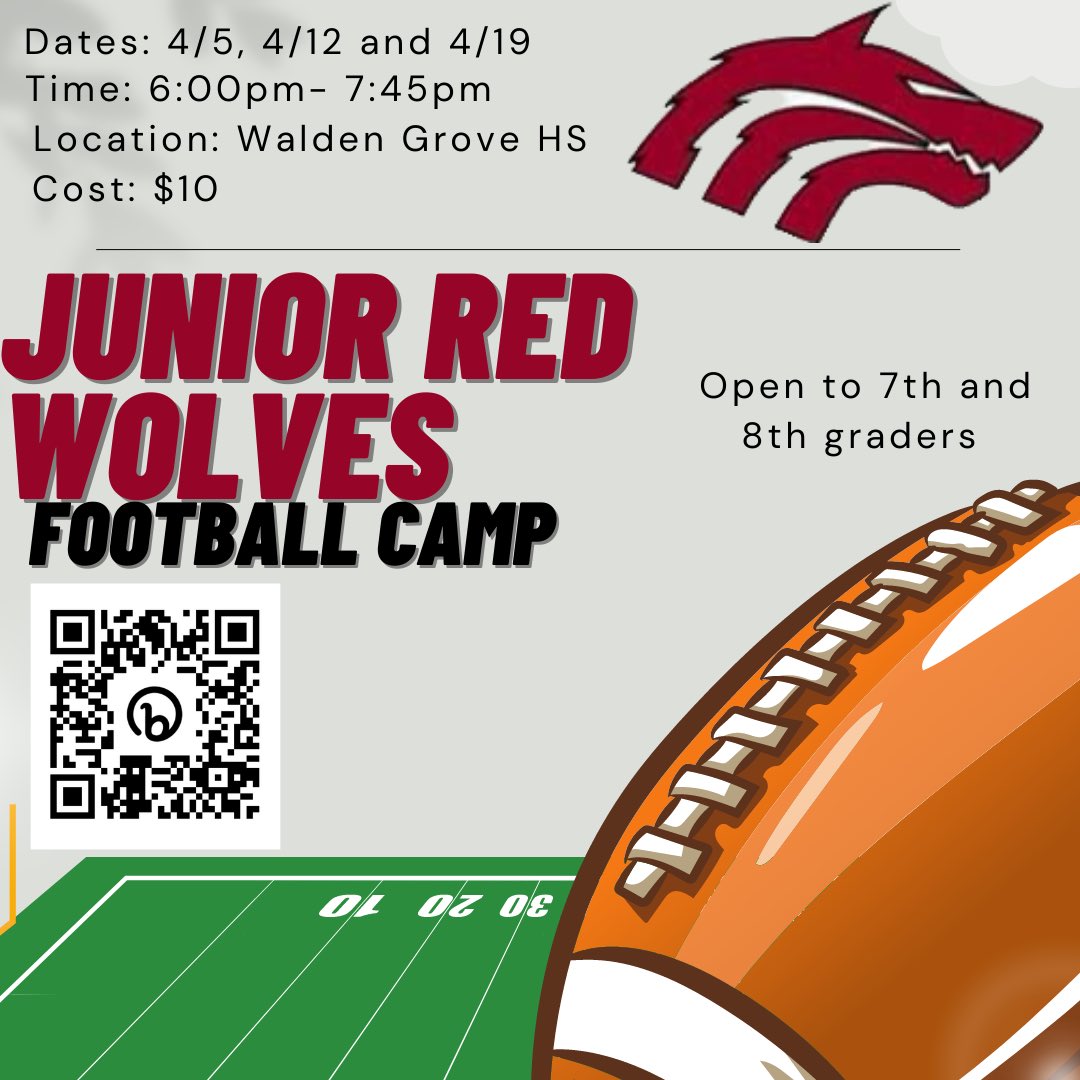 WGFBooster's tweet photo. Starting tomorrow the Junior Red Wolves camp. Here is the link https://t.co/hGTtQqZMjk to sign up your 7th and 8th graders. #redwolvesfootball #packmentality #itspersonal @CoachNobleWGHS @WaldenGroveHS @gridironarizona @5Sportstalk https://t.co/V4y8PhJXNk