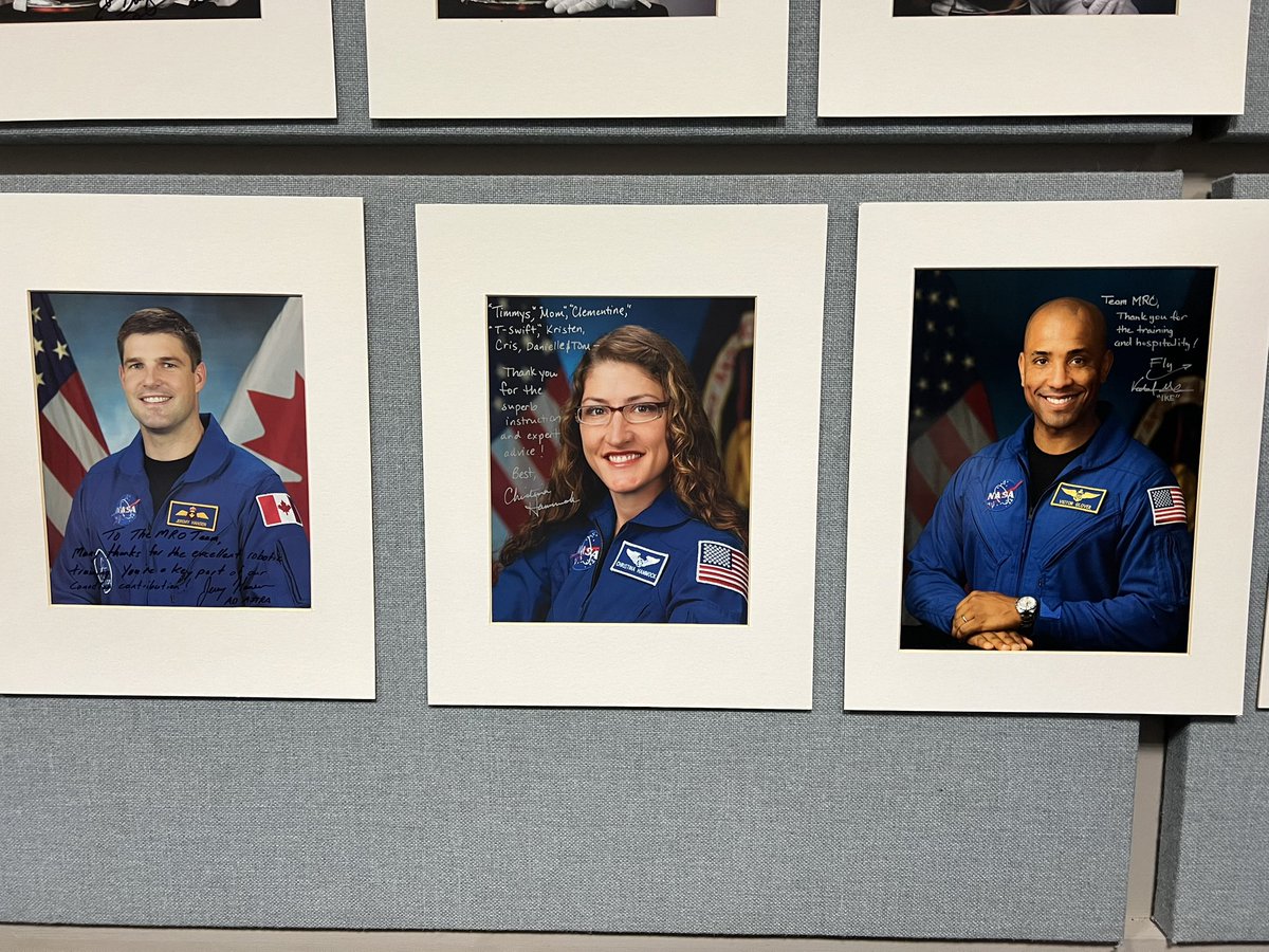 On the wall of our main classroom are photos of all the crew we’ve trained on Canadarm2 operations @csa_asc. Seems fitting that these 3 photos (of former students!) were all together. We are going! 🚀🤖 #ArtemisII