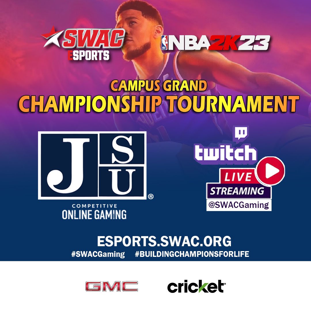 SWACEsports's tweet photo. #SWACGaming Jackson State University NBA 2K23 Campus Championship Game Presented by @GMC @Cricketnation
WATCH LIVE 👉 https://t.co/p6xEwruyfq OR 👉 https://t.co/GRJof2k4KX Jackson State Tigers Jackson State University https://t.co/xuoL2nufUl