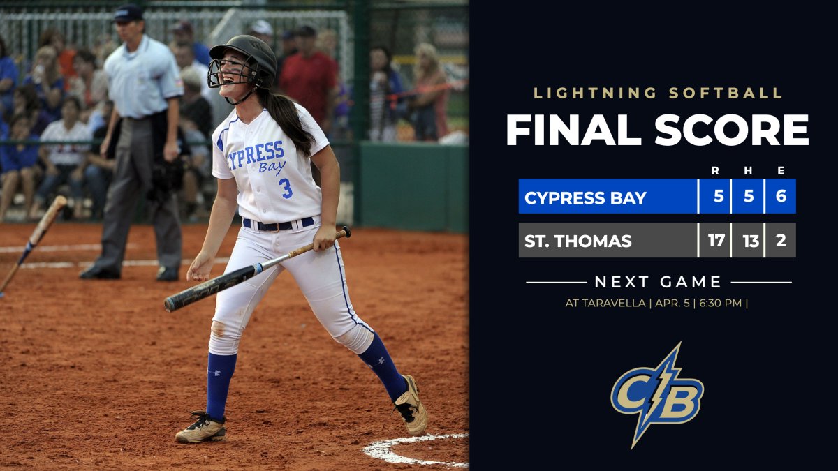 CB softball falls to St. Thomas tonight at home.  Lightning softball hits the road for game action tomorrow night at Taravella.  Come out and support CB! #golightning @PrincipalCBHS <a href="/MisterWass954/">Jeffrey Wasserman</a> <a href="/CB_Softball/">Cypress Bay Softball</a> <a href="/BCAA_sports/">BCAA Sports</a>