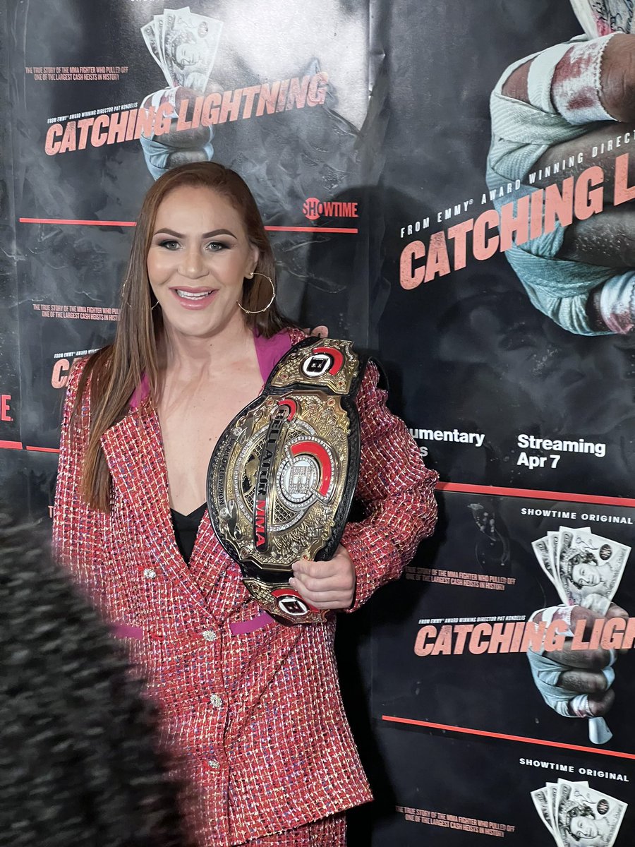 ats_fight's tweet photo. The legendary @criscyborg bringing the belt to the premiere of #CatchingLightning! 

#CatchingLightningDoc https://t.co/9GZ3FxLmty
