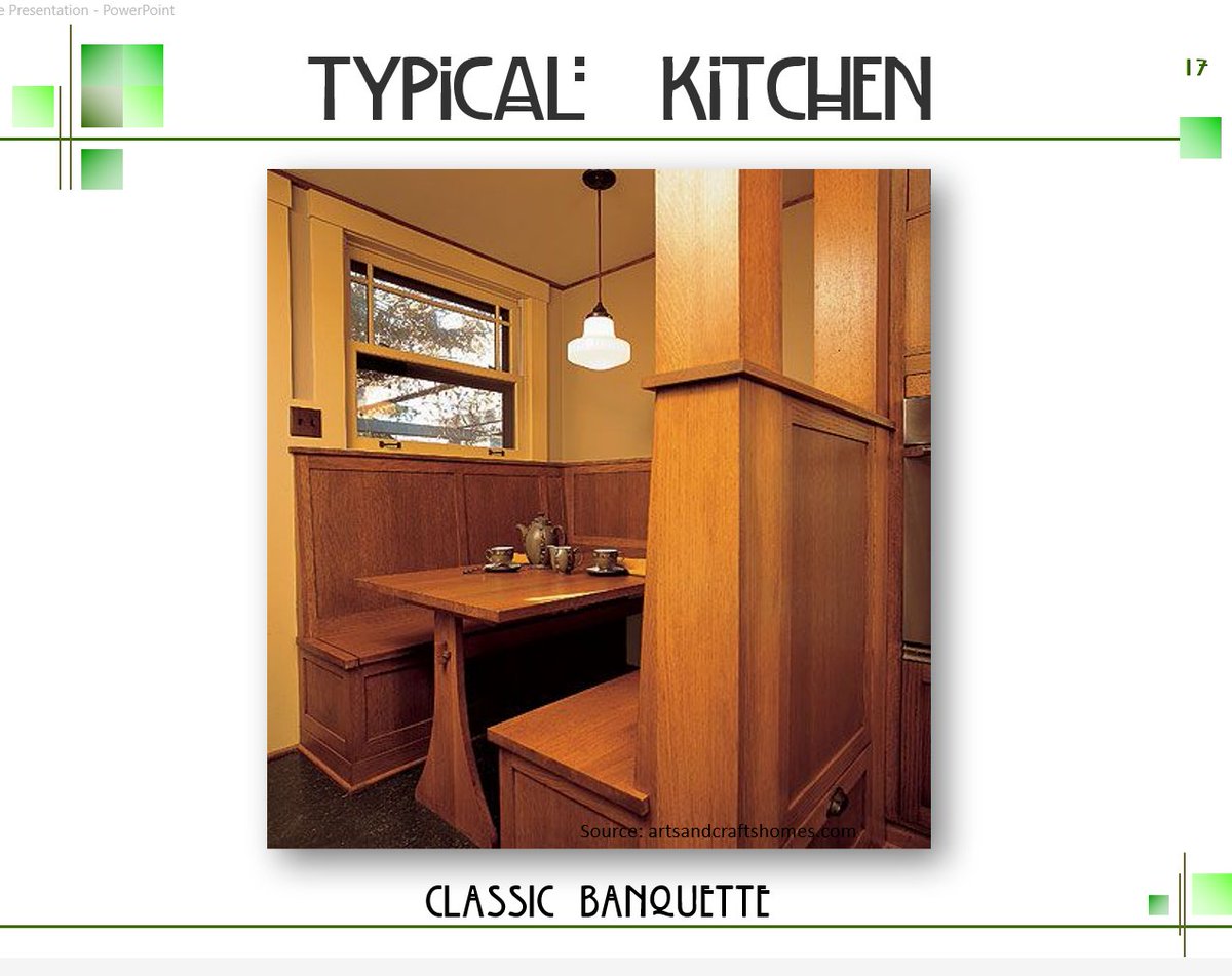 A#6-Did you know that in the #ArtsandCrafts era, it was the first time families ate in the kitchen? We still do it today! #kbtribechat #Historic #banquette