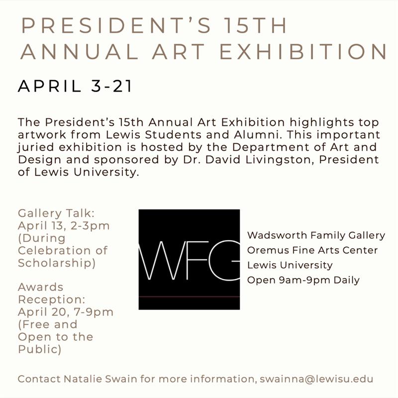 Lewis University (@lewisuniversity) on Twitter photo The President's 15th Annual Art Exhibition highlighting #LewisU Students and <a href="/LewisUAlumni/">Lewis Univ. Alumni</a> is now open to the public 9 a.m.-9 p.m. daily until April 21 in the Brent and Jean Wadsworth Family Gallery on our Romeoville Campus.
Check it out!
bit.ly/3Gsz5qW The President's 15th Annual Art Exhibition highlighting #LewisU Students and <a href="/LewisUAlumni/">Lewis Univ. Alumni</a> is now open to the public 9 a.m.-9 p.m. daily until April 21 in the Brent and Jean Wadsworth Family Gallery on our Romeoville Campus.
Check it out!
bit.ly/3Gsz5qW