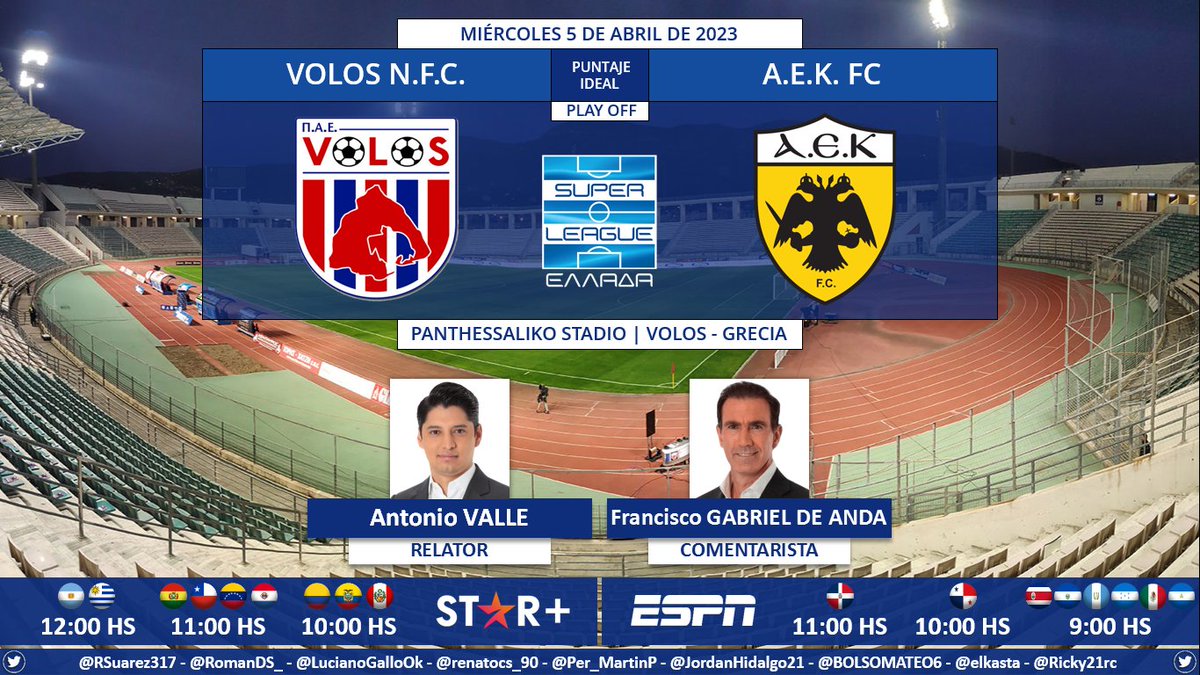 PuntajeIdealEC's tweet photo. ⚽ #SuperLeague 🇬🇷 | #VolosNFC vs. #AEKFC
🎙 Relator: @Antonio_Valle
🎙 Comentarista: @PacoGabriel_5
📺 #ESPN Centroamérica y México
💻📱 @StarPlusLA Latinoamérica
🤳 #SLGR - #ESPNenStarPlus - #VOLAEK
Dale RT 🔃 https://t.co/ojP6VdnG3S
