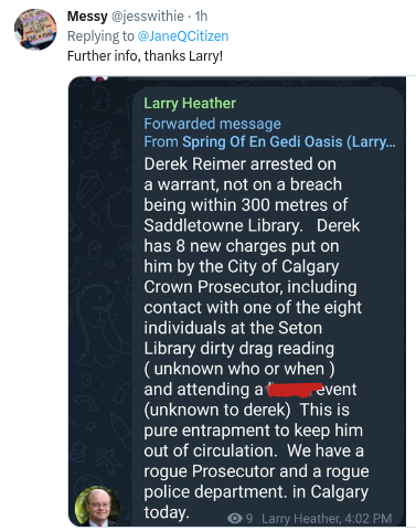 mpetch's tweet photo. Full credit to @jesswithie for posting. I've chosen to remove an offensive slur from this which is why I have screenshotted the original. Update from Larry Heather about #DerekReimer being arrested on 8 new charges. He was picked up about 650 meters from the Library. #StopHateYYC https://t.co/T896RE7cL4