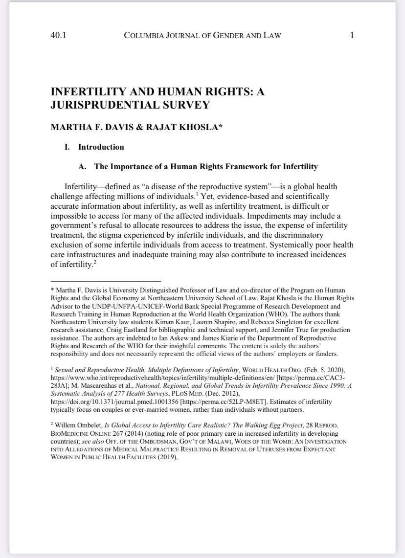 Imp report @HRPresearch @WHO highlighting critical need to address infertility as part of comprehensive #SRHR agenda. In 2020 @MarthaFDavis and I conducted an analysis on infertility and human rights reflecting on multiple intersecting human rights issues journals.library.columbia.edu/index.php/cjgl…