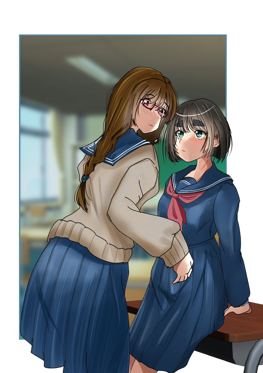 multiple girls 2girls school uniform brown hair skirt glasses serafuku  illustration images