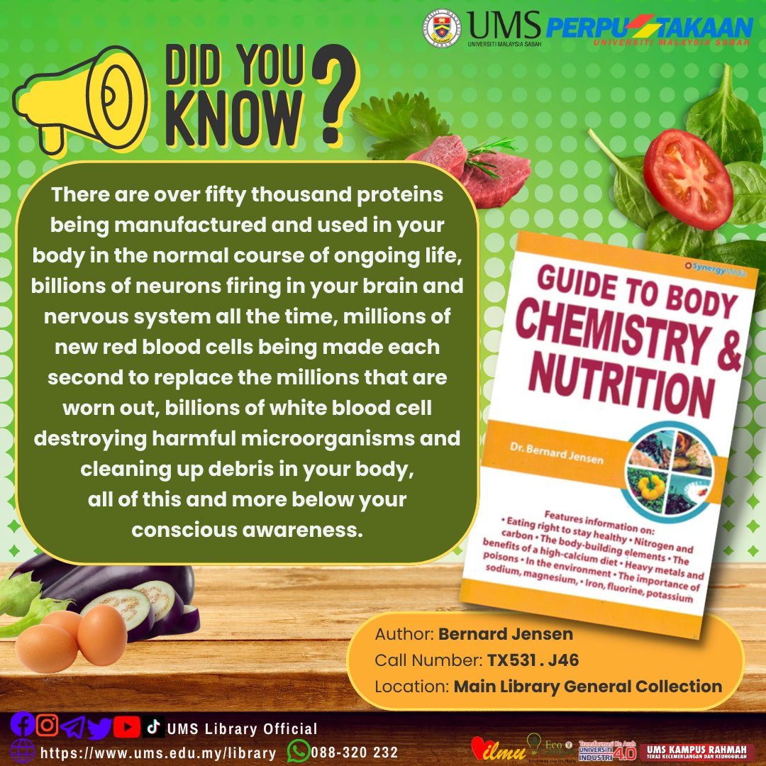 Lib_UMS's tweet image. How to eat right to stay healthy?🤔
Read more📖
Guide to body chemistry & nutrition
Would you like to borrow the book? Come and visit UMS library OR, submit your request at bit.ly/BookLoanServic…
#DidYouKnow
#IncreasingKnowledge
#MainLibraryGeneralCollection
#UMSLibrary