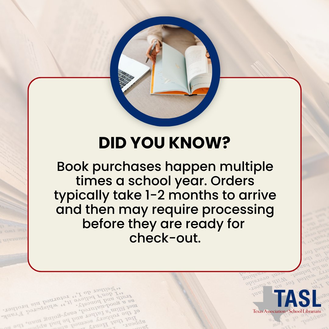 TxASL's tweet image. School librarians order all year long and the wait between purchase and either receiving shelf ready books or making them shelf ready is a minimum of 1-2 months! Want to know what happens to make them shelf ready? Just ask! #TxASL