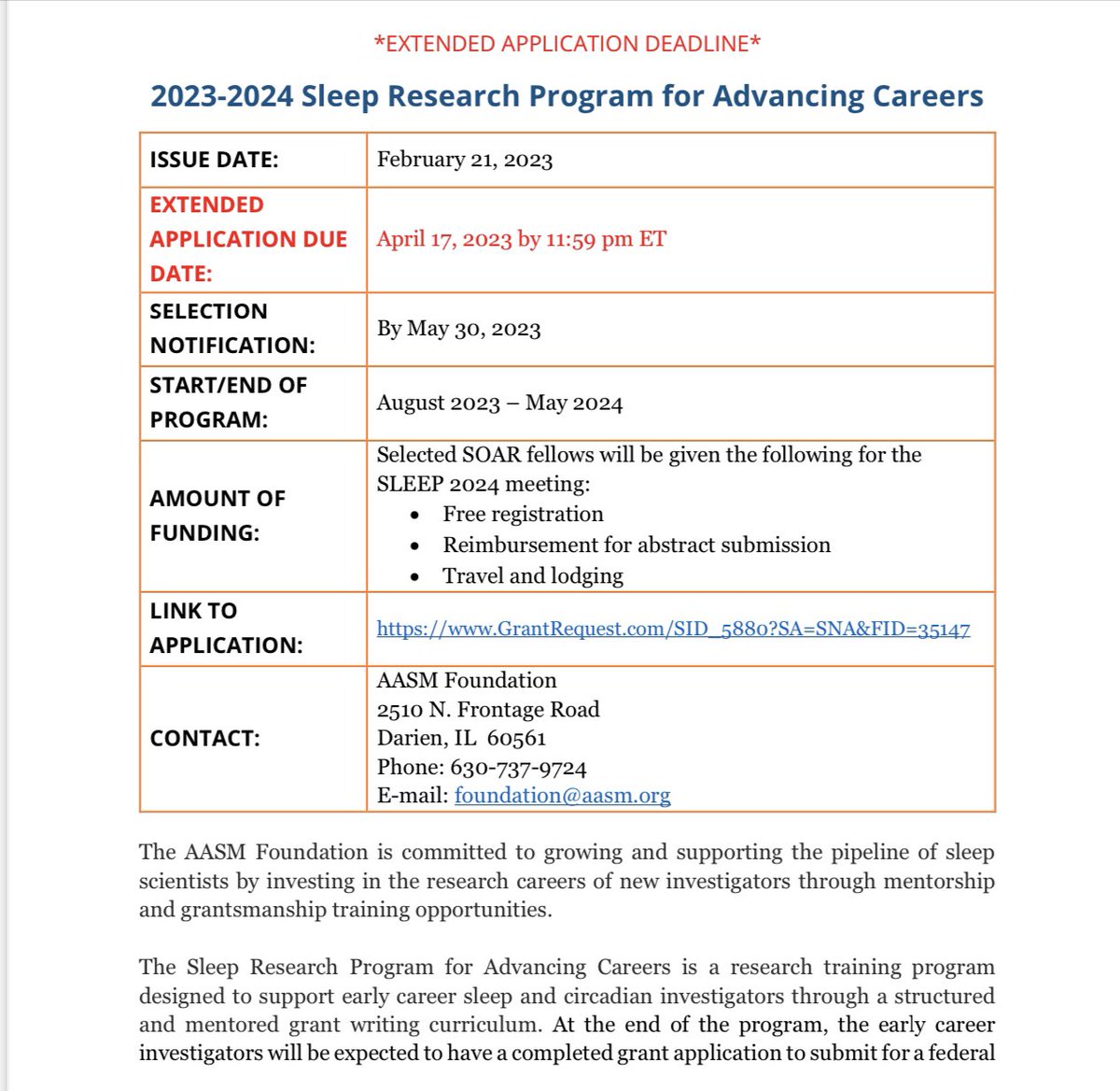 Early-career sleep &amp; circadian researchers!
Applications for the AASM Foundation's 2023-2024 Sleep Research Program for Advancing Careers are now open! This one-year mentored grant writing workshop is designed to help you secure external funding. Don't miss this opportunity!