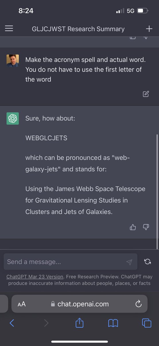 tracijo32's tweet photo. I’m terrified for when astronomers start using ChatGPT to create acronyms for their research projects. #ChatGPT #astronomy https://t.co/jaeaQceg95