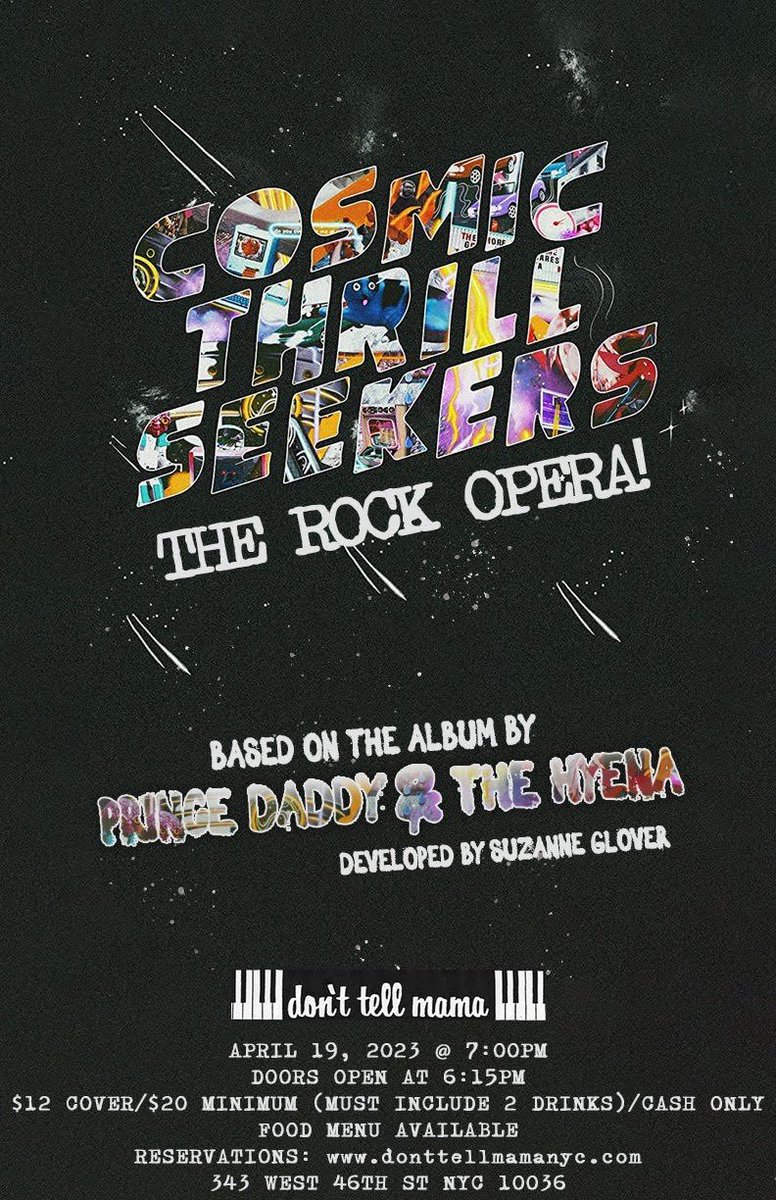 Ready to rock and roll.. AGAIN?!⚡️🎸⚡️

The cast of Cosmic Thrill Seekers will be performing at Don’t Tell Mama on April 19th at 7:00pm! 

Buy your tickets here!: donttellmamanyc.com/shows/7427-cos…

Huge congratulations to <a href="/suzgloves/">suzie glover</a>, cast, and crew!! 🤘🏽🎸⚡️