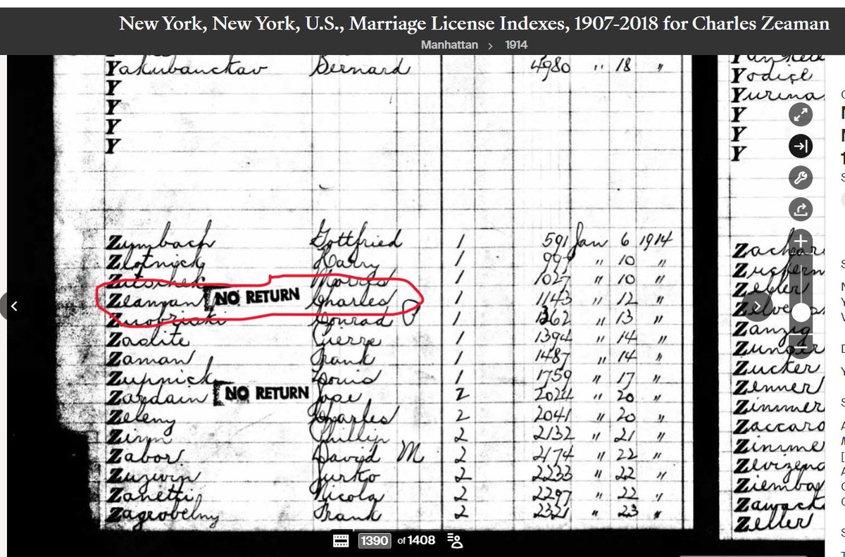 AllysGenealogy's tweet photo. I'm not familiar with New York #genealogy. If it says "No Return" on the marriage license index, like it does for Charles Zeaman here, does that mean he didn't pick up the license he applied for? #familyhistory #jewishgen https://t.co/DoLQuGFl66