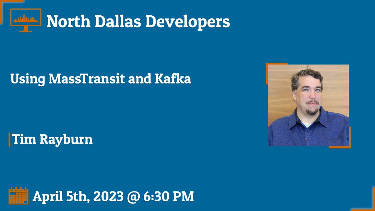 NDDNUG's tweet photo. Join us this Wednesday at 6:30 PM in the Improving office as @TRayburn discusses using MassTransit with Kafka. 

For directions and to rsvp, head over https://t.co/MGHR9sGPNV https://t.co/3GPqqE14vy
