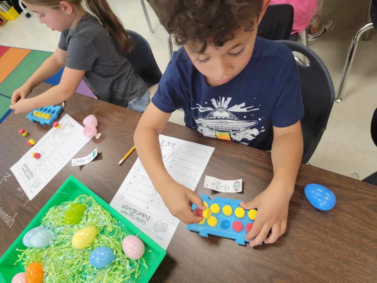 Subtraction in Action!  Eggs with hidden subtraction problems.  Students used 10 frame or mini Spring erasers for counters.   They loved it! ❤️ <a href="/NISDFields/">Fields Elementary</a> <a href="/NISDElemMath/">NISD Elementary Math</a> <a href="/fields_kinder/">FIELDSKinder</a>