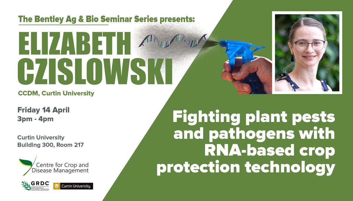 j_mylne's tweet photo. At @theCCDM we're strengthening, widening and opening our seminar series #BABSS. If you're on Bentley campus @CurtinUni on Friday 14 April, come see Liz Czislowski @lizczis, now at CCDM, talk about work she did on RNA-based crop protection @UQ_News 🗣️📢👂🤔 https://t.co/d4VnPmw4Xh
