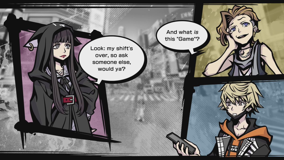twewybot's tweet photo. Shoka: Earn enough points, you win the Game.

Rindo: But how do we earn points?

Fret: And what is this "Game"?

Shoka: Look: my shift's over, so ask someone else, would ya? Like another Player, or another Reaper-literally anyone but me. https://t.co/xkYQmksesL