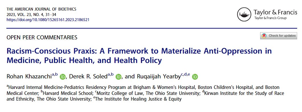 1/💡✍️🏽🔓 NEW on #racebasedmedicine in @bioethics_net by @ruqaiijah, Derek Soled, and I. We concretize how racism-conscious praxis can promote material restitution across clinical decisions, scarce resource allocation, policy intervention, and beyond. tandfonline.com/doi/full/10.10…