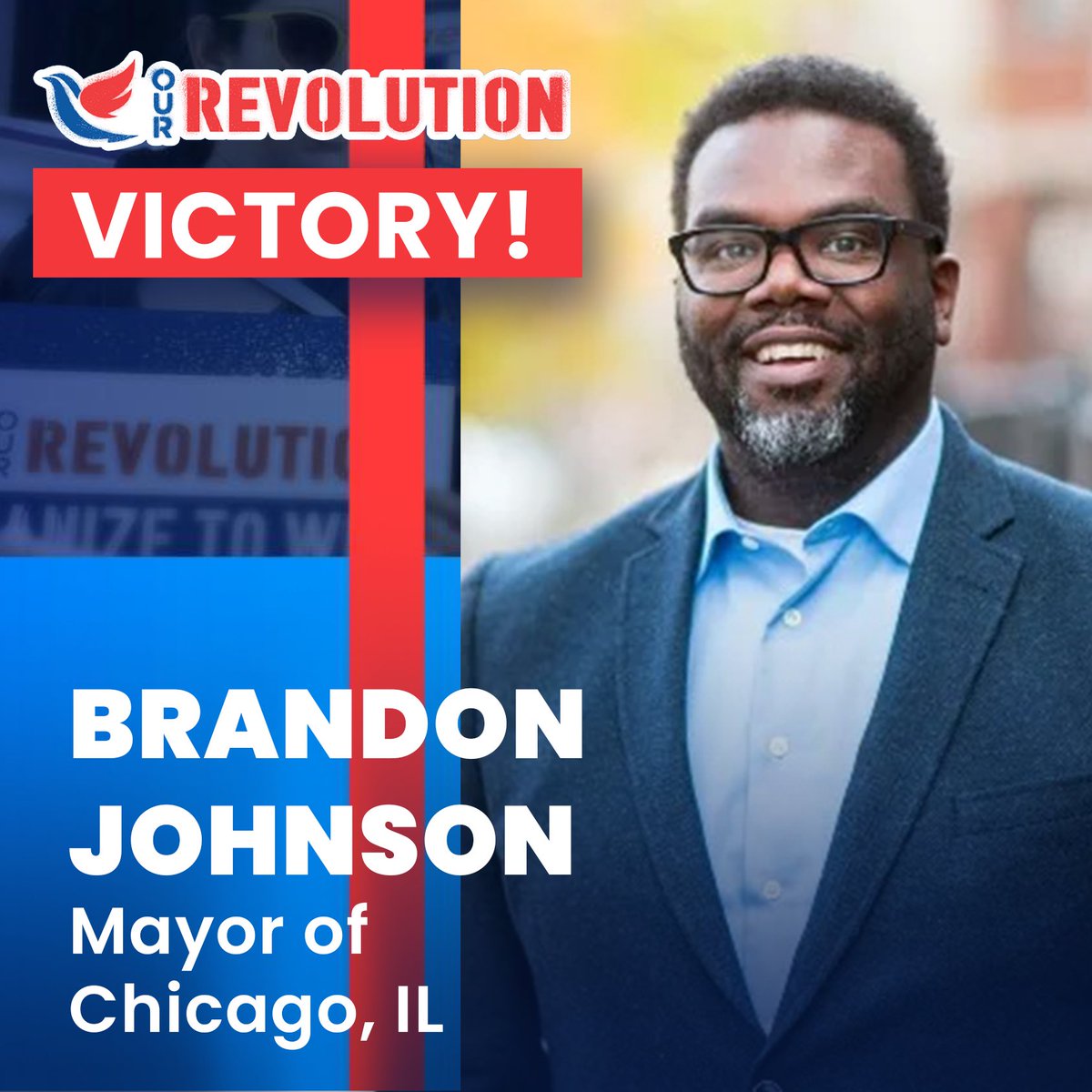 OurRevolution's tweet photo. People power prevails in Chicago tonight! Congrats to @Brandon4Chicago!! https://t.co/ordnBFp6lQ