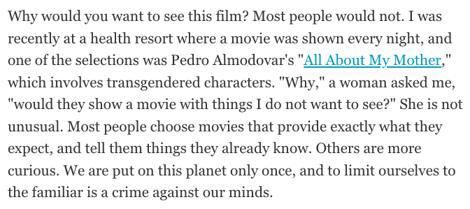 JerAtTheMovies's tweet image. "We are put on this planet only once, and to limit ourselves to the familiar is a crime against our minds." - Roger Ebert