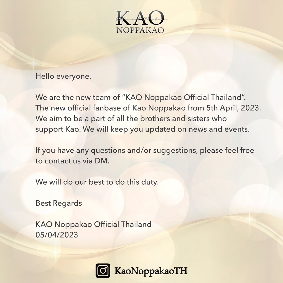สวัสดีค่ะ พวกเราคือทีม KAO Noppakao Official Thailand 
เป็นบ้านเบสหลังใหม่ของน้องเก้า <a href="/numberx9th/">NUMBERx9TH</a> 
มีจุดมุ่งหมายที่จะมาร่วมเป็นส่วนหนึ่งกับพี่ๆน้องๆ ทุกคนในการสนับสนุนน้องเก้าค่ะ พวกเราจะตั้งใจทำหน้าที่ตรงนี้อย่างดีที่สุดนะคะ

#number_9th
#งุ้งงิ้งๆของนพเก้า
#stmdthailand