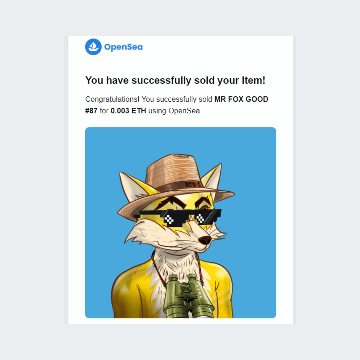🎉SOLD again to the awesome <a href="/ozmettin1/">ozmettin</a> 🚀
opensea.io/collection/one…

Thank you so much for your support to the 🦊Fam and we truly appreciate you🙏

Top Holder with 15 🦊 in your collection already🚀

#nft #nftsold #nftcollector #nftcollection
