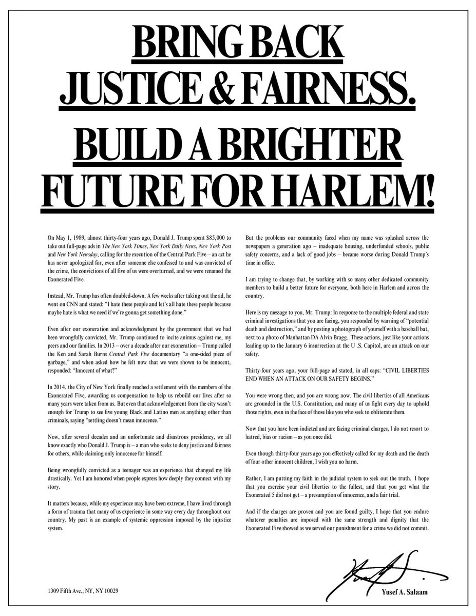 #PowerPost🙌🏻🙌🏼🙌🏽🙌🏾🙌🏿™️

Over 30 years ago, Donald Trump took out full page ads calling for my execution. 

On the day he was arrested and arraigned, here is my ad in response.