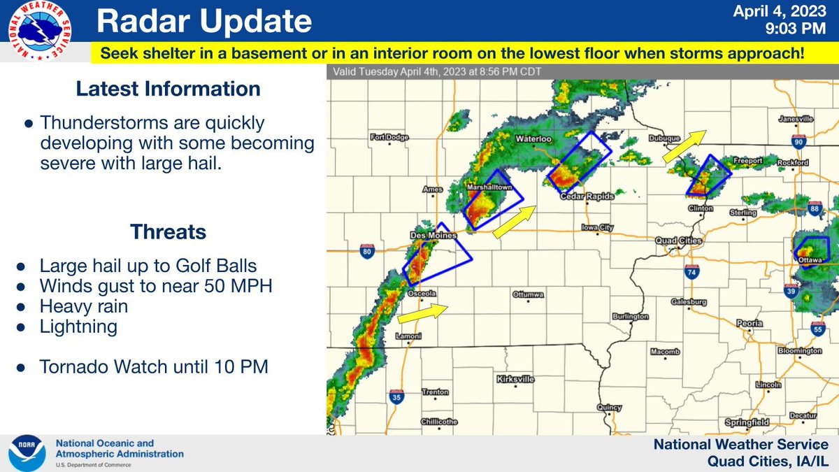 PLEASE SHARE! Thunderstorms are quickly developing will some becoming severe with large hail.  If a storm approaches your area, seek shelter in the basement or an interior room on the lowest level.  Stay away from windows!  Heavy rain is also expected. #IAWX #ILWX