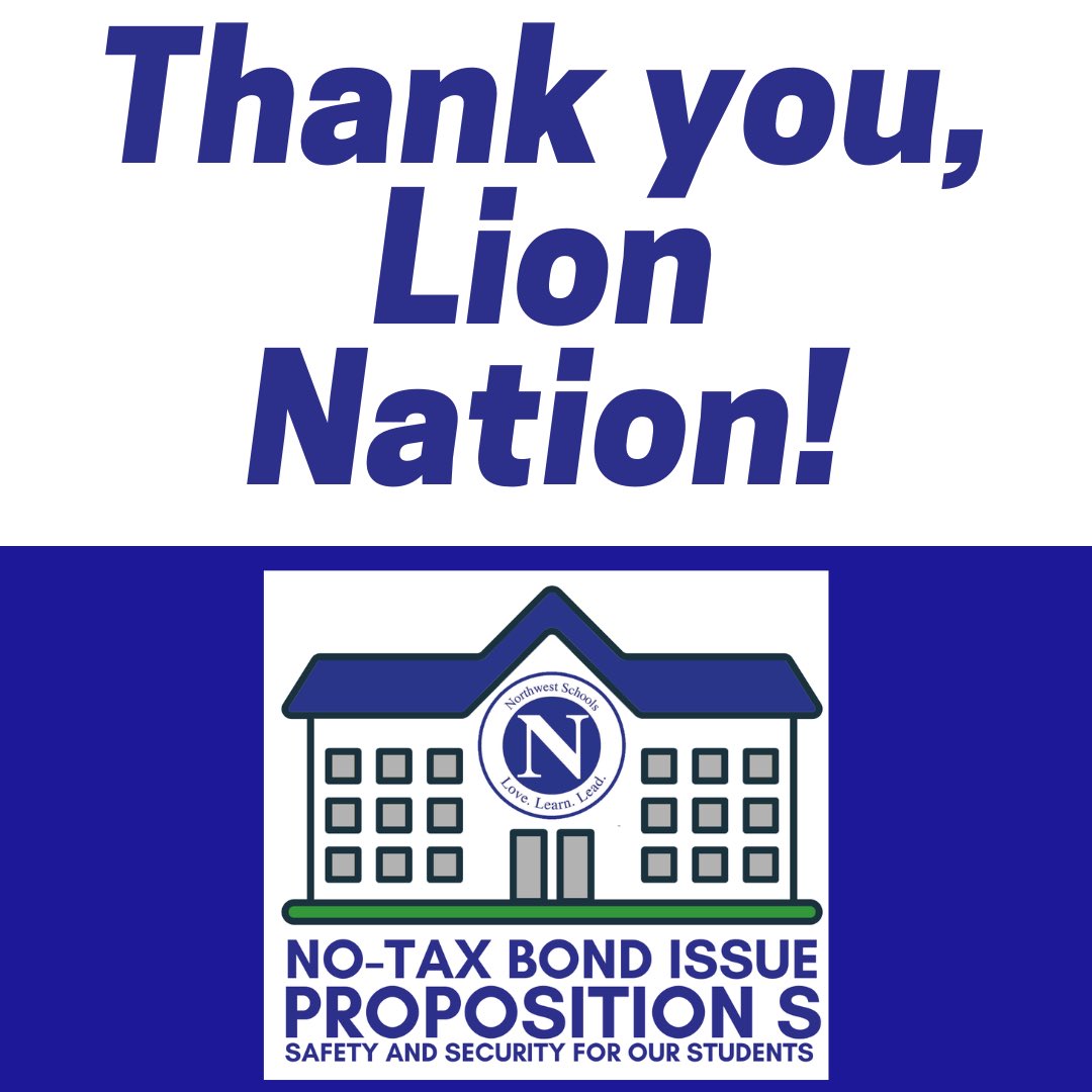 (1/3) Dear Lion Nation, 
We are excited to report that our bond issue, Prop S, passed tonight.  

Our community is strong because we remain united and focused around what is best for our children both now and also in the future.