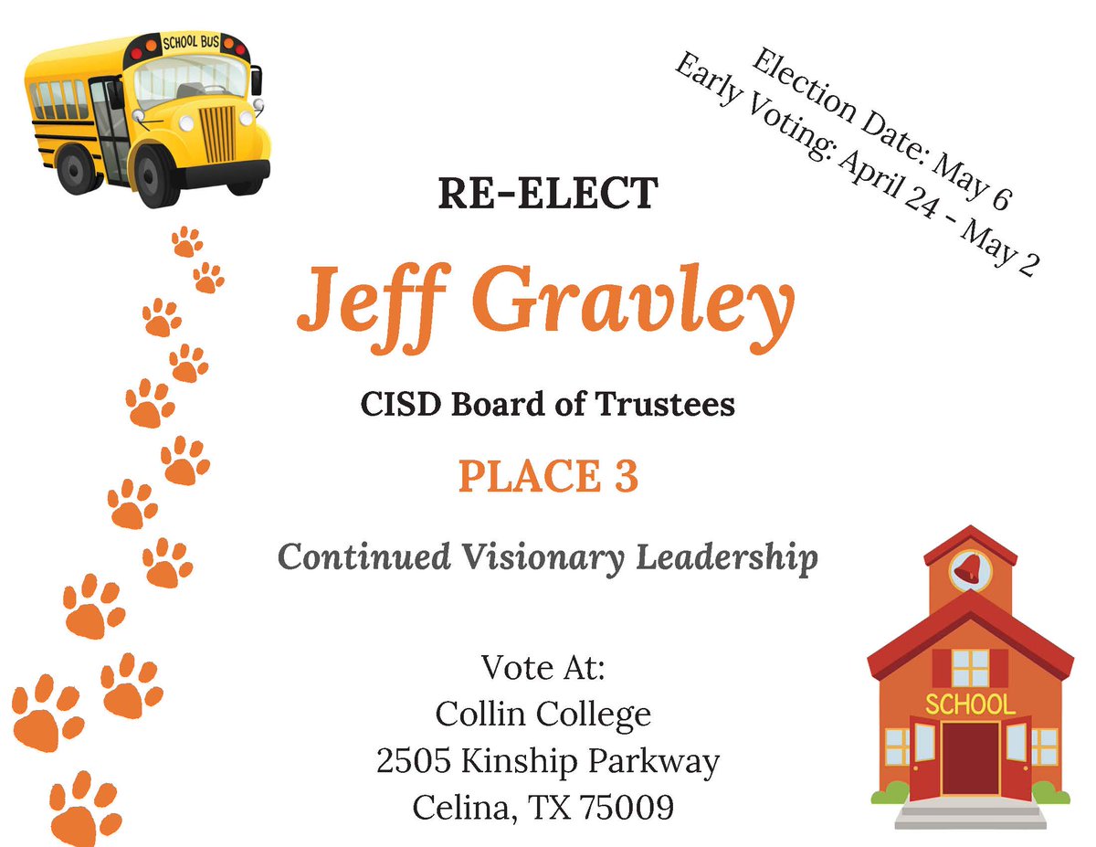 I would greatly appreciate everyone's support in the upcoming CISD Board of Trustee election.
@celinaisd; @celinasoccer; @CHSBobcatsCheer; @CHSbobcats; @CBobcatSoccer; @BarstoolCelina; @RecruitCelinaFB; @SoftballCelina; @CelinaHS_VB; @RecruitCelinaBB; @celinarecord; @cityofcelina