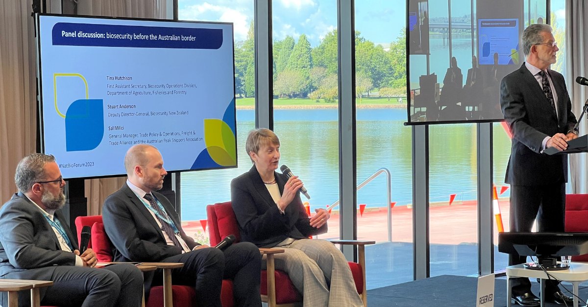 DAFFgov's tweet photo. The 2023 National Biosecurity Forum is on today, in-person and online. 

The first session of the day focused on new opportunities and challenges in biosecurity.

Learn more here: https://t.co/vcDaKf171L

#Biosecurity #Australia #NatBioForum2023 https://t.co/Mh07LLQMVI