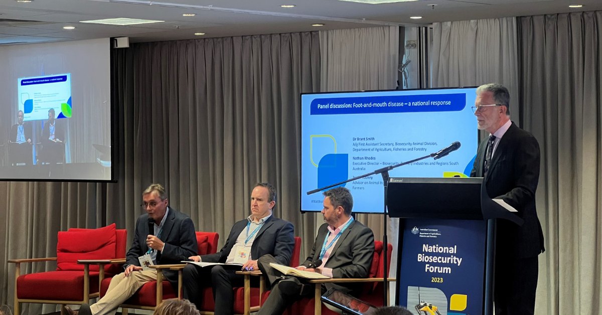 DAFFgov's tweet photo. The 2023 National Biosecurity Forum is on today, in-person and online. 

The first session of the day focused on new opportunities and challenges in biosecurity.

Learn more here: https://t.co/vcDaKf171L

#Biosecurity #Australia #NatBioForum2023 https://t.co/Mh07LLQMVI
