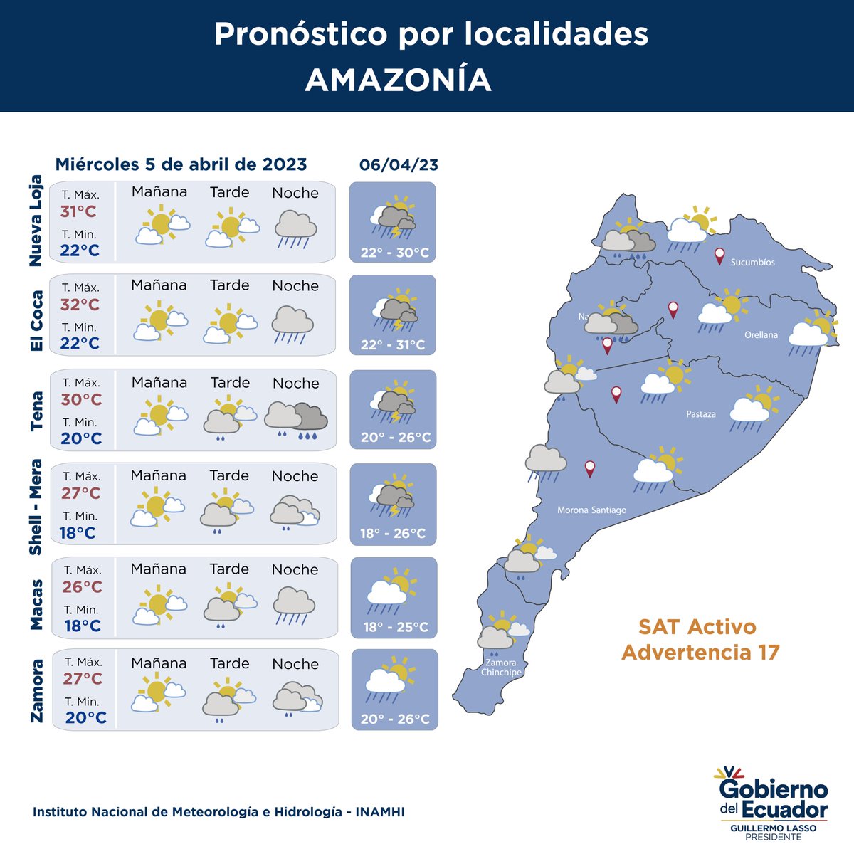 inamhi_ec's tweet photo. #PronósticoNacionalEC 🌤️🌦️⛈️Miércoles 5 y 6 de abril. Es probable sol en la mañana; en la tarde y noche lluvias, tormentas y ráfagas de viento para varias localidades del Litoral, Sierra y Galápagos. Se espera que estos eventos intensos se mantengan las próximas 48-72 horas.⚠️👇 https://t.co/RcA2iaugWk