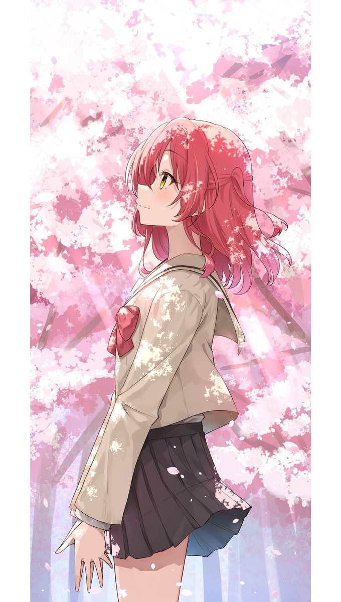1girl school uniform solo skirt pleated skirt cherry blossoms medium hair  illustration images