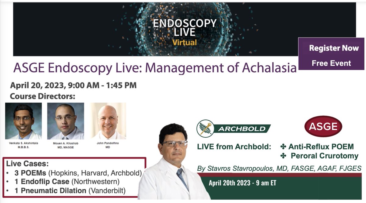 Please join my mentor Stavros Nicholas Stavropoulos live from Archbold Medical Center alongside other experts in achalasia on April 20th for a day of live GI Endo cases hosted by the American Society for Gastrointestinal Endoscopy (ASGE)

Registration Link
lnkd.in/exGe5Pmt