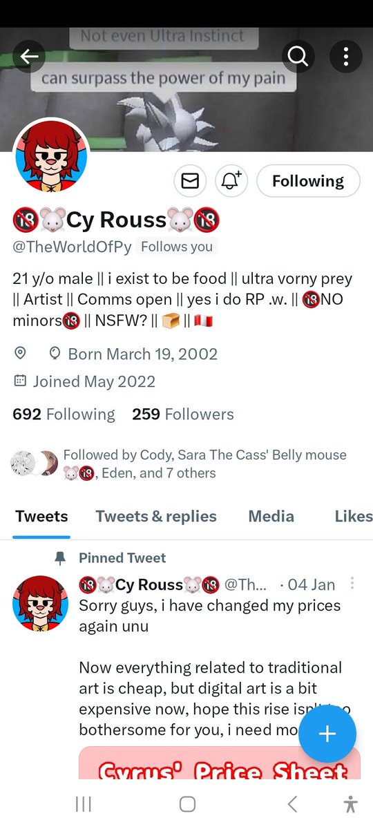 Hey! Can we get my pal <a href="/theworldofpy/">🔞🐭 Cyril Rouss🧚‍♀️🔞</a> to around my follower count? Or at least 300? He deserves more attention.