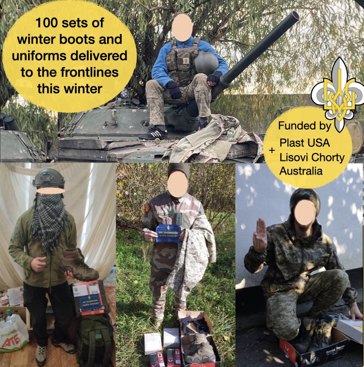plast_usa's tweet photo. 100 much-needed cold weather uniforms+boots made it to Ukraine’s defenders this winter. @PlastUSA and the Australian LisoviChorty provided the funds+logistics. Defenders have been sending photos all winter! #PlastUSA #plastAustralia #ScoutsForUkraine #Ukraine #Пласт https://t.co/KbgOpbOmAZ